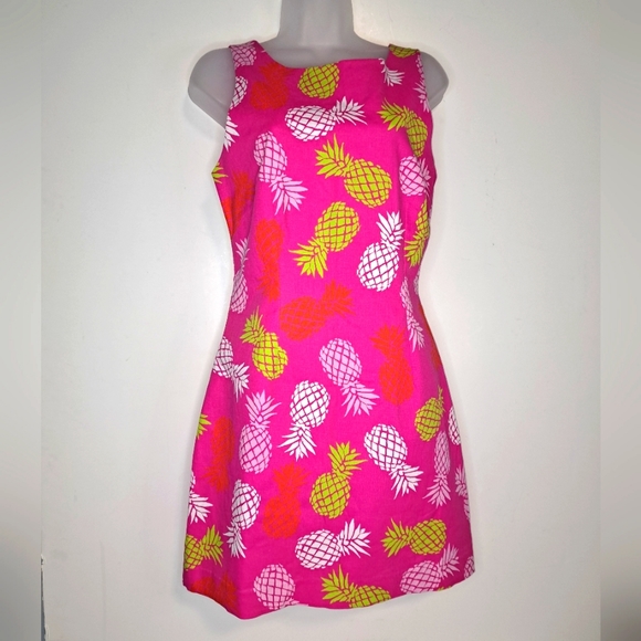 Shift Dress Pink pineapples lined sleeveless Margaret Josephs Size Small Cotton - Picture 1 of 14